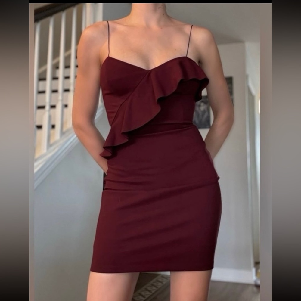 ASTR The Label Ruffle Stretch Knit Body Con Dress Wine size XS